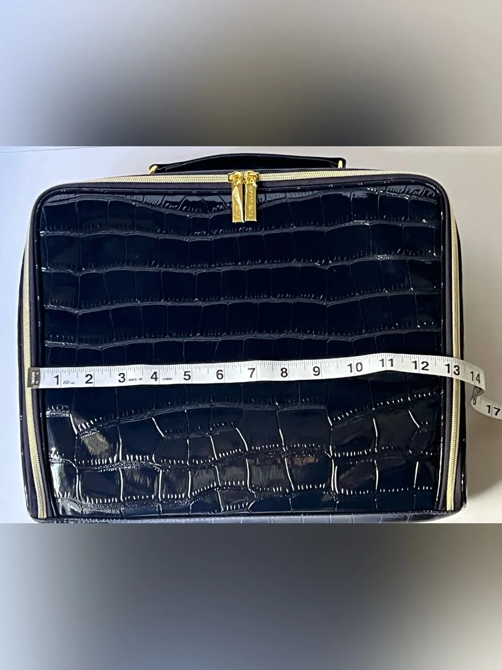 Estee Lauder Navy Patent Croc-Texture Cosmetic Pouch with Gold Zipper Pulls